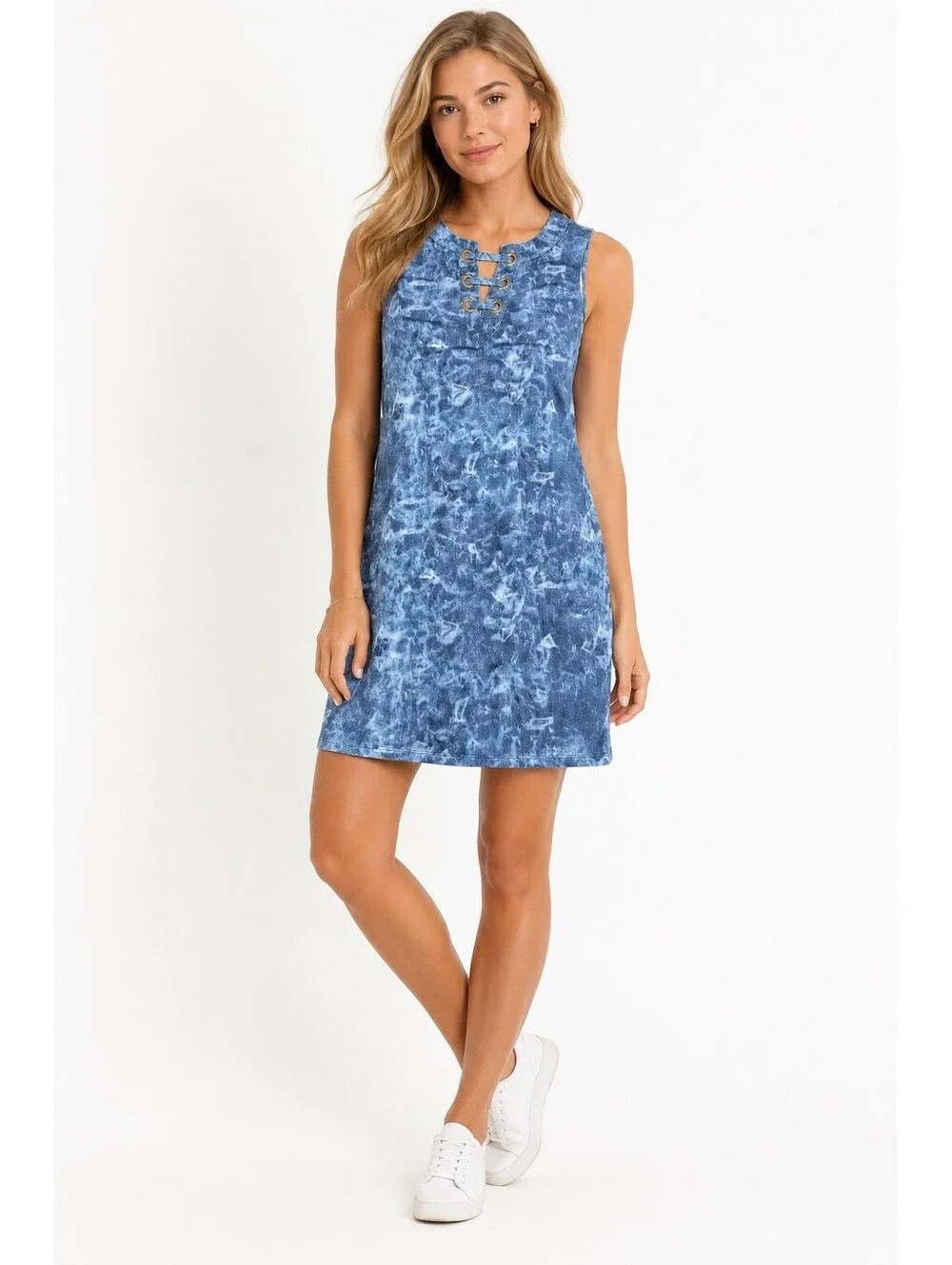Michael Kors Women's Blue Tie Dye Sleeveless V-Neck Mini Shift Dress Size Large